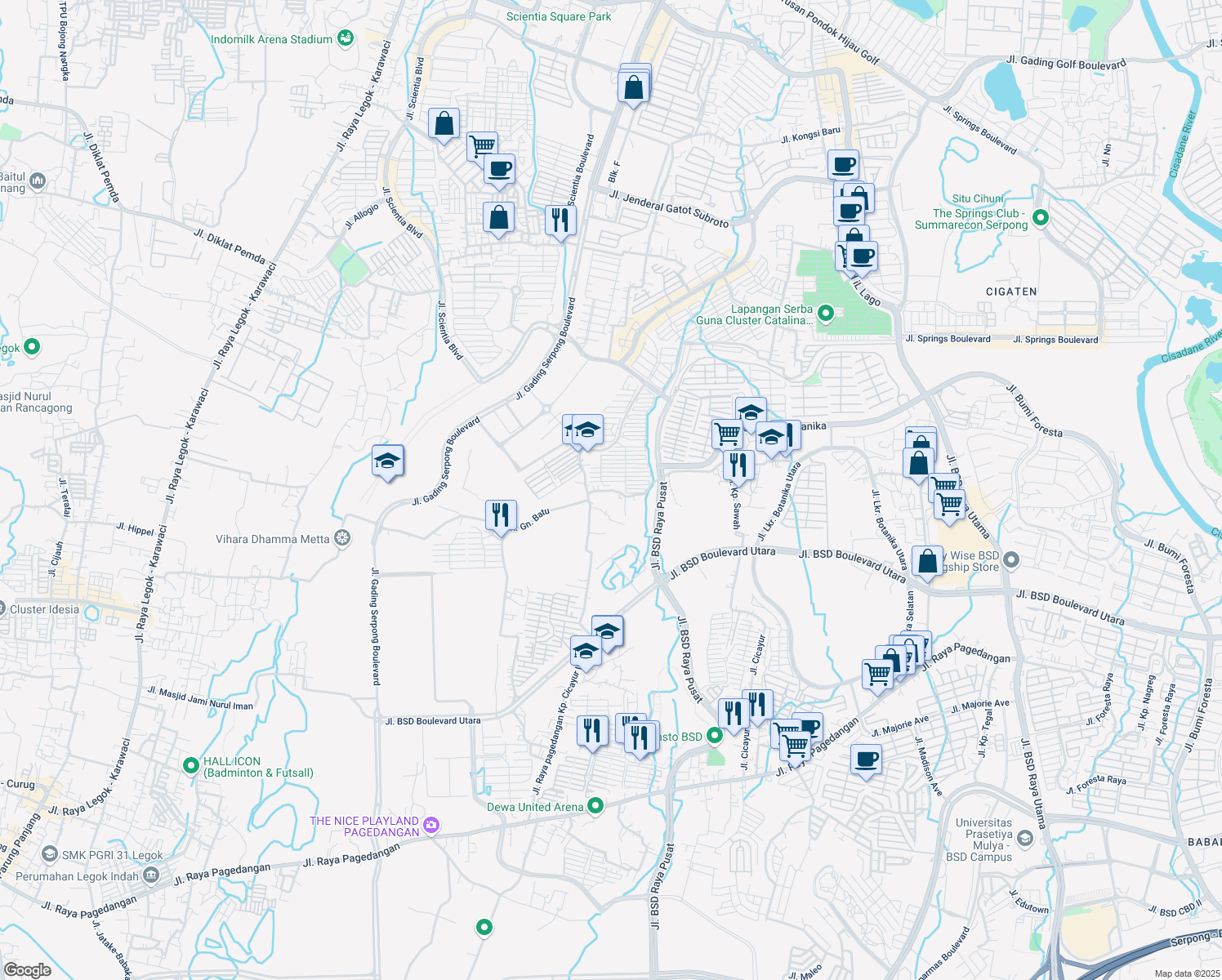 map of restaurants, bars, coffee shops, grocery stores, and more near Jalan Boulevard BSD City in Tangerang