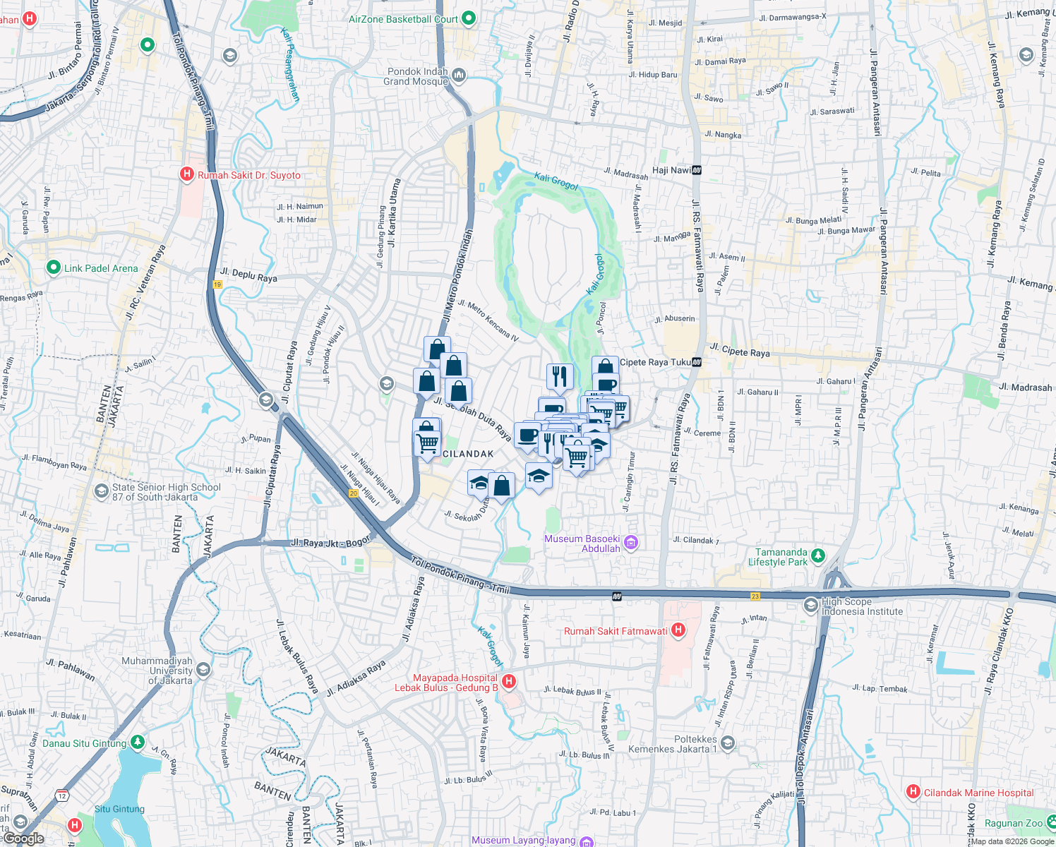 map of restaurants, bars, coffee shops, grocery stores, and more near TF3 Jalan Kencana Indah 3 in South Jakarta