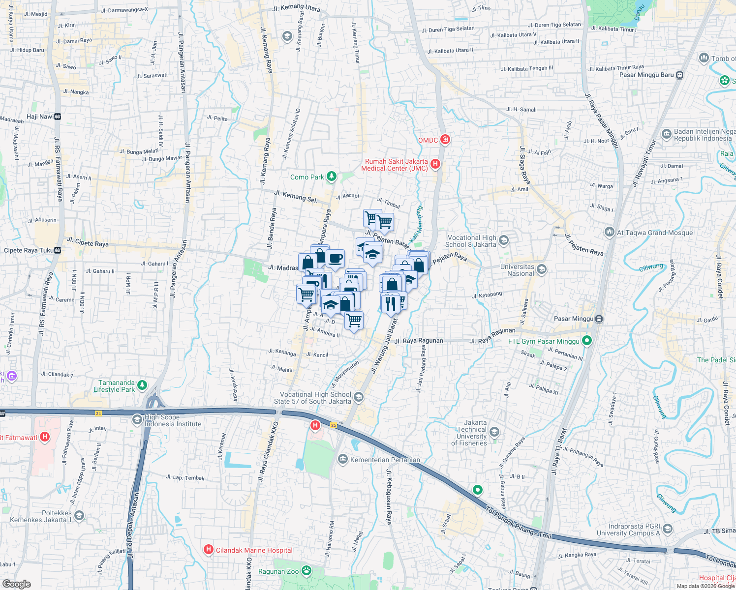 map of restaurants, bars, coffee shops, grocery stores, and more near 15 Jalan Salihira Raya in Kota Jakarta Selatan