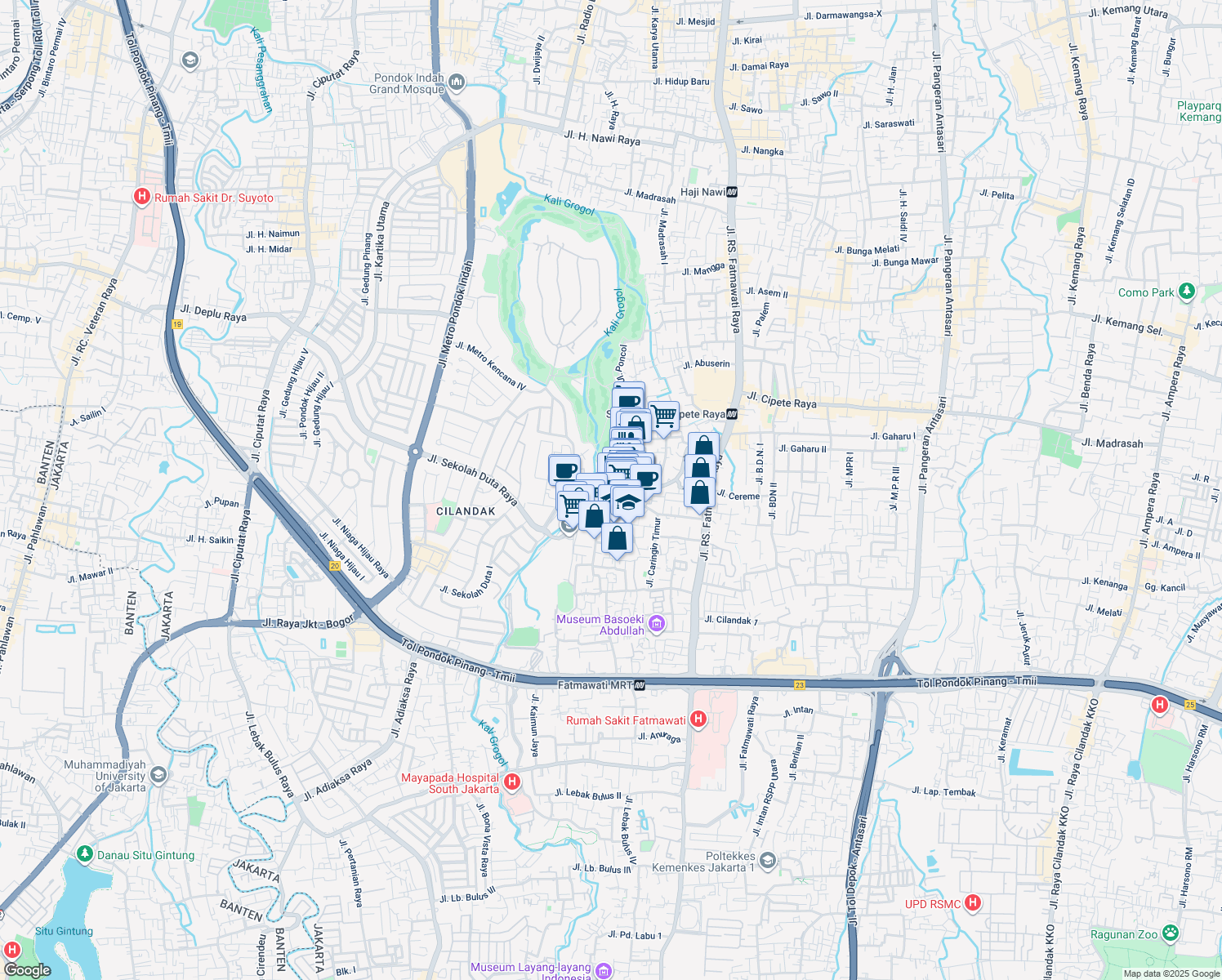 map of restaurants, bars, coffee shops, grocery stores, and more near 18 Jalan Terogong Raya in Kota Jakarta Selatan