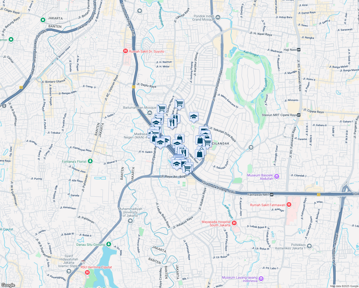 map of restaurants, bars, coffee shops, grocery stores, and more near 65 Jalan Niaga Hijau Raya in Kota Jakarta Selatan