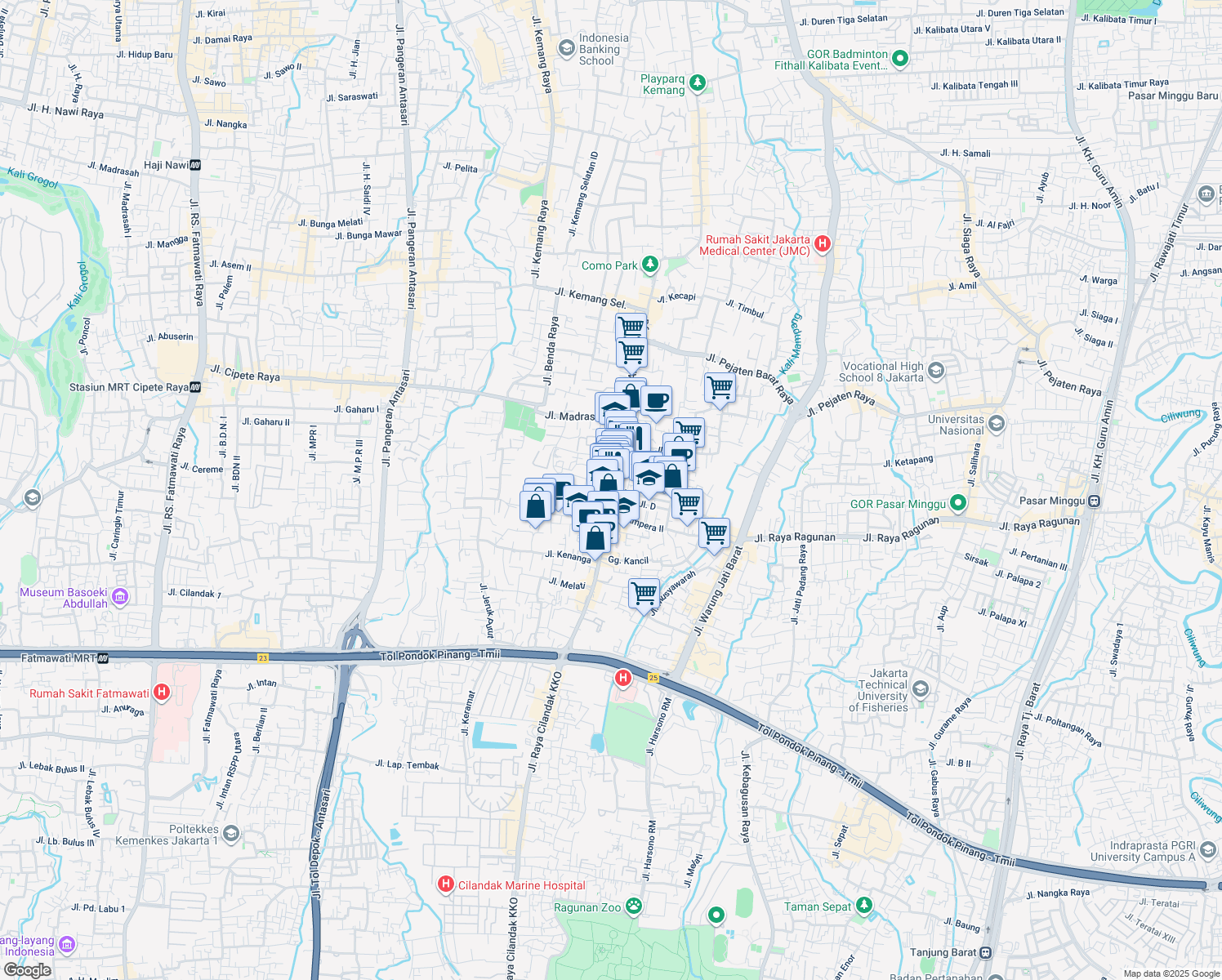 map of restaurants, bars, coffee shops, grocery stores, and more near Jalan Ampera Raya in Kota Jakarta Selatan