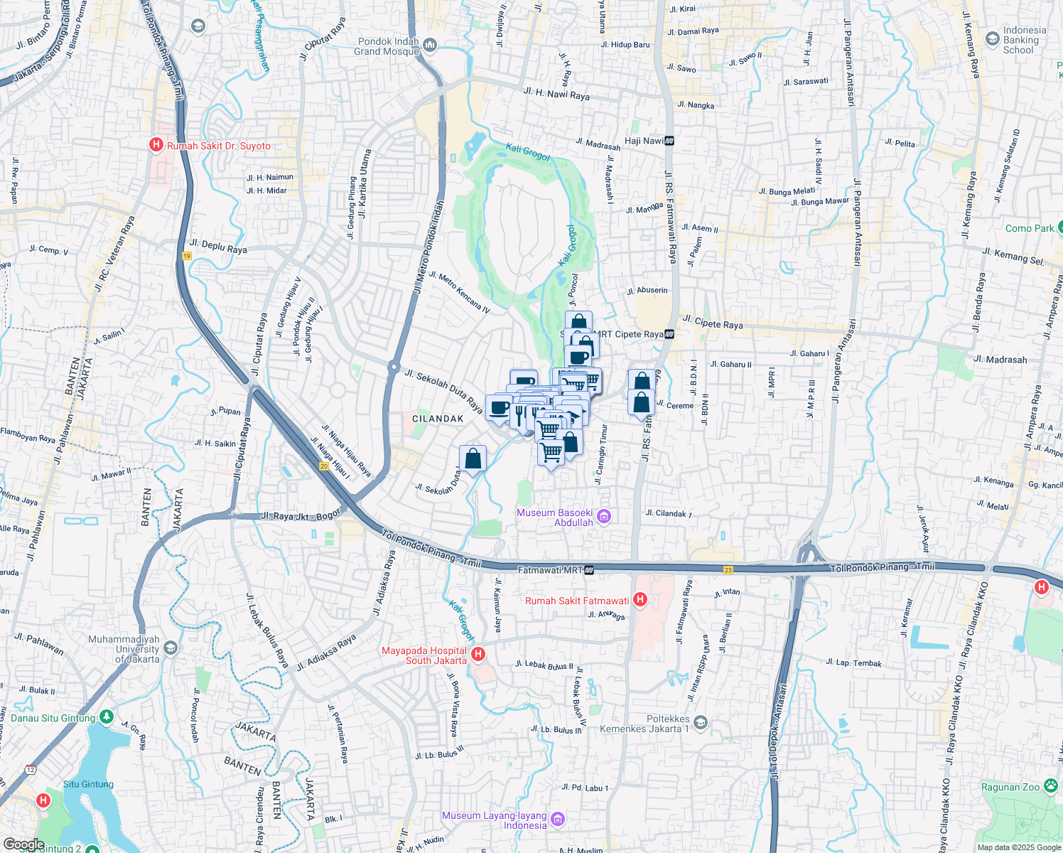map of restaurants, bars, coffee shops, grocery stores, and more near 34 Jalan Terogong Raya in South Jakarta