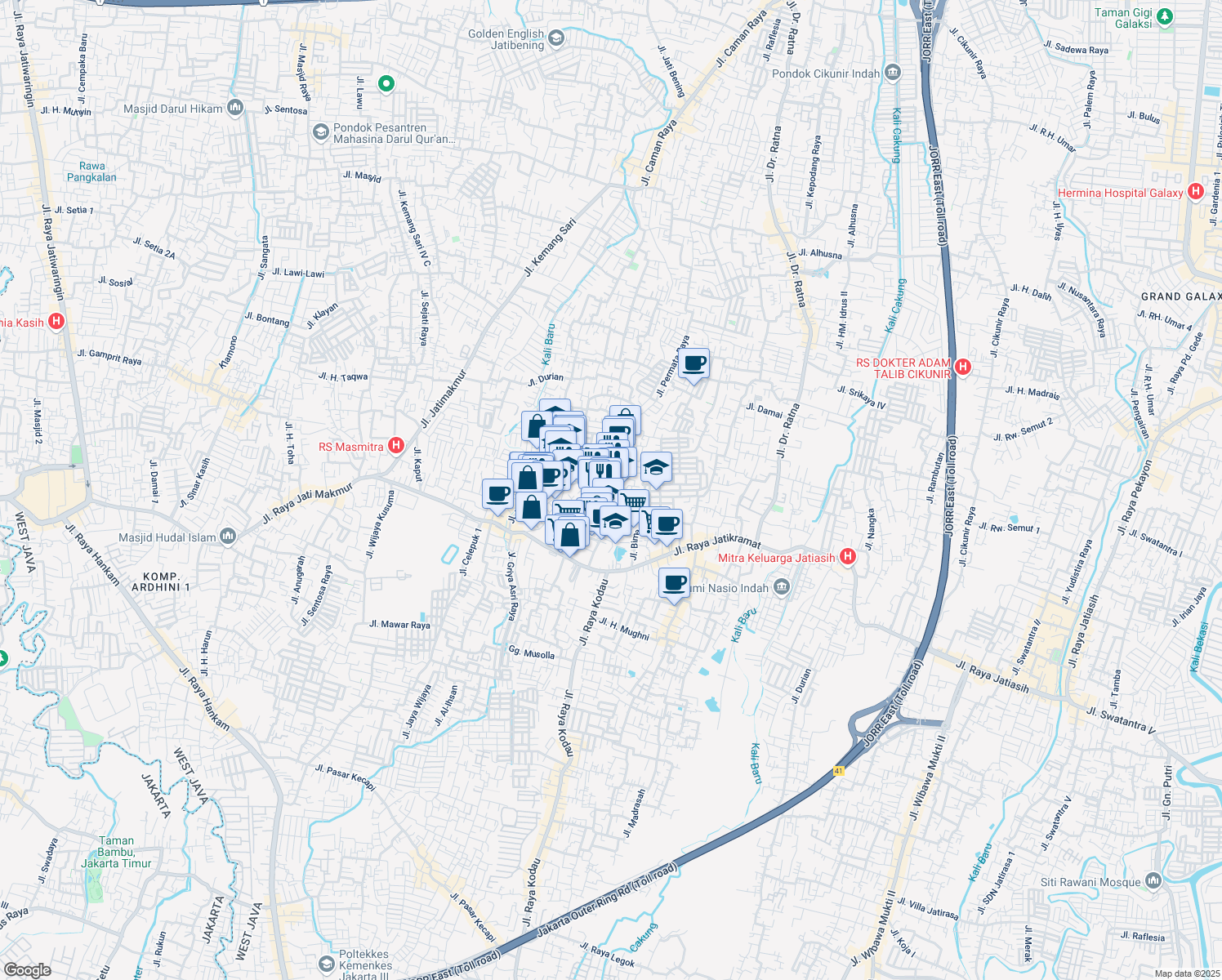 map of restaurants, bars, coffee shops, grocery stores, and more near Jalan Raya Jati Kramat Indah II in Kota Bekasi
