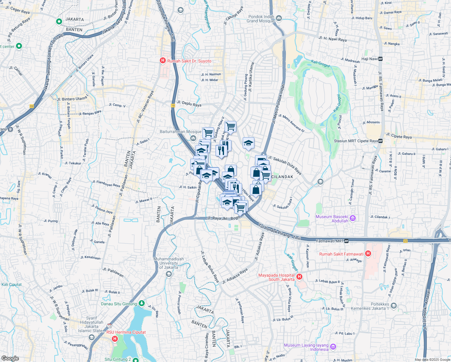 map of restaurants, bars, coffee shops, grocery stores, and more near 65 Jalan Niaga Hijau Raya in Kota Jakarta Selatan