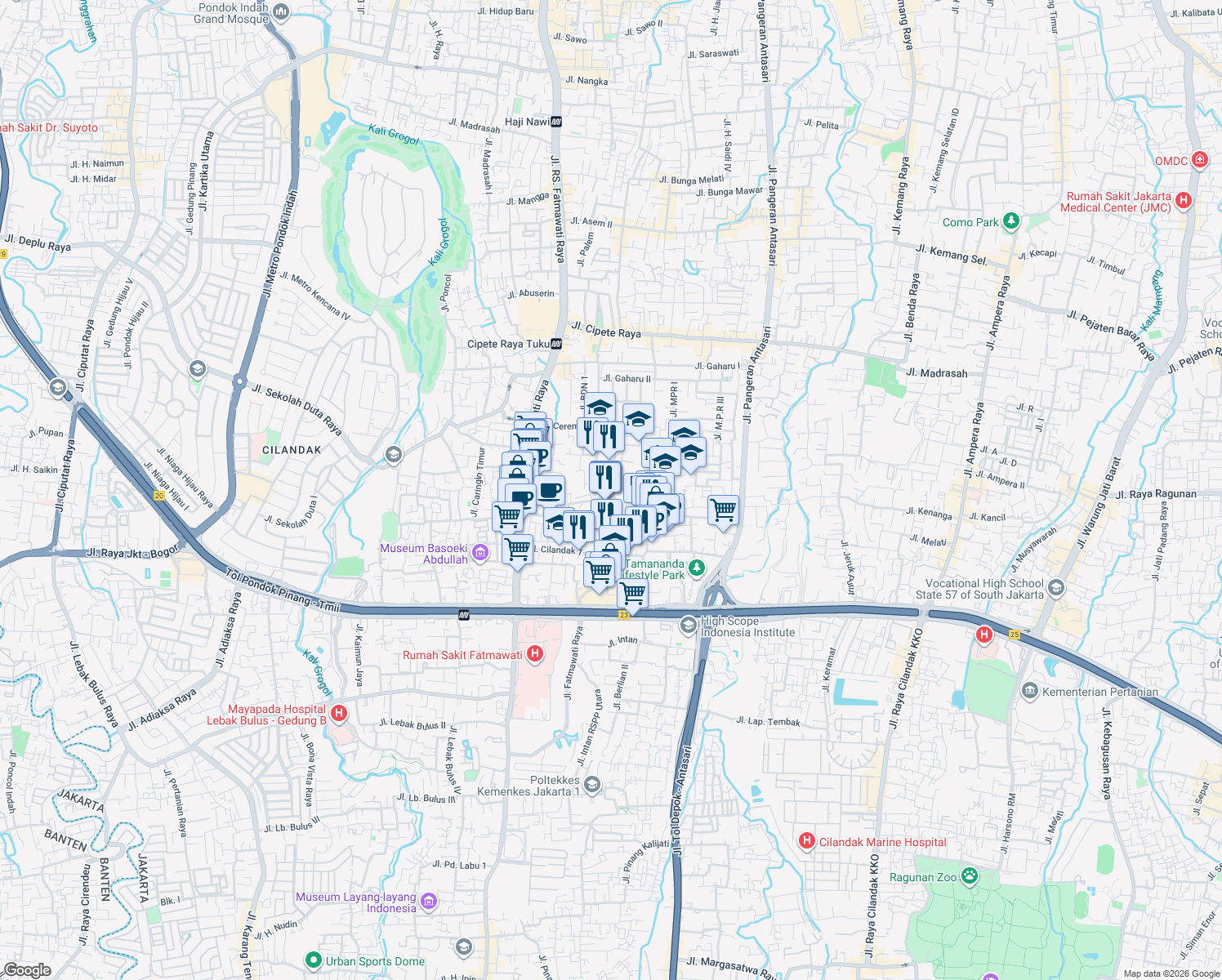 map of restaurants, bars, coffee shops, grocery stores, and more near in South Jakarta City