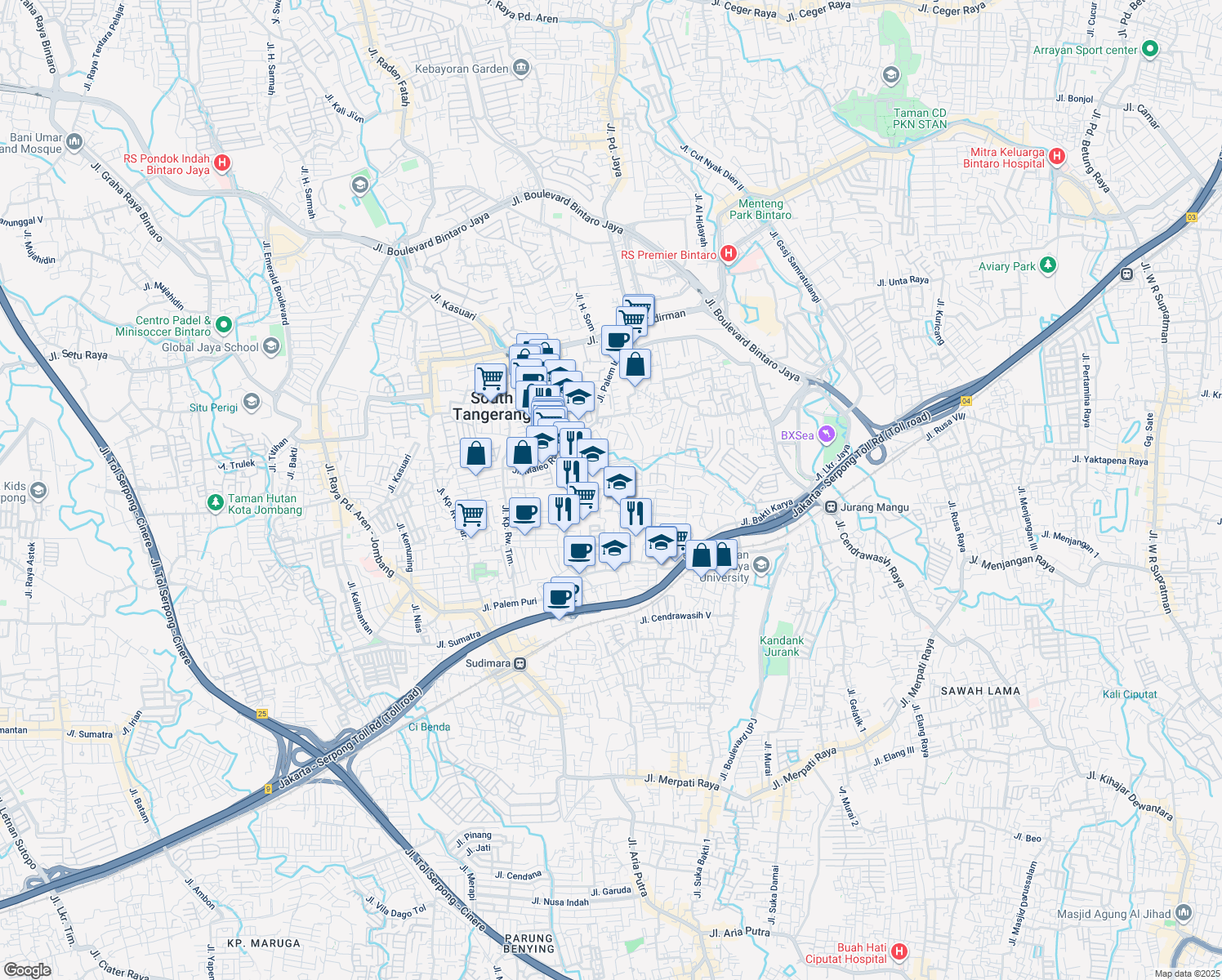 map of restaurants, bars, coffee shops, grocery stores, and more near 75 Jalan Kompleks Puri Bintaro in Kota Tangerang Selatan
