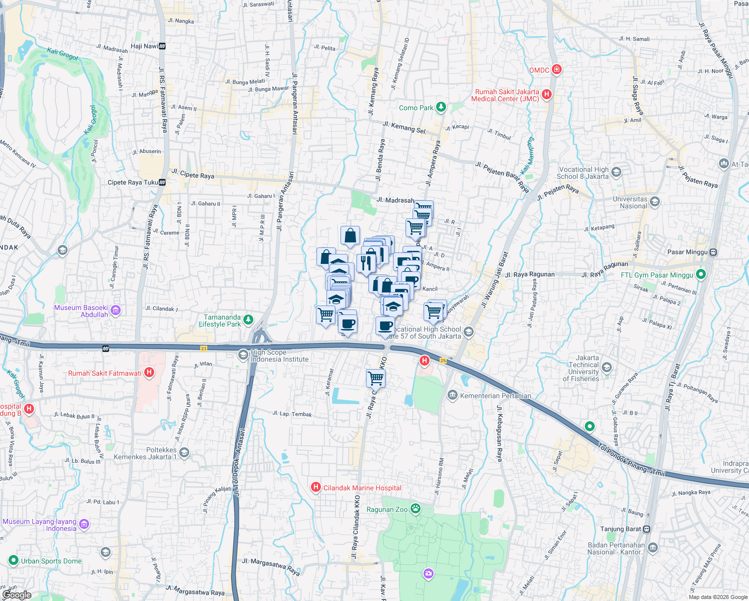 map of restaurants, bars, coffee shops, grocery stores, and more near 29-88 Jalan Melati in Kota Jakarta Selatan