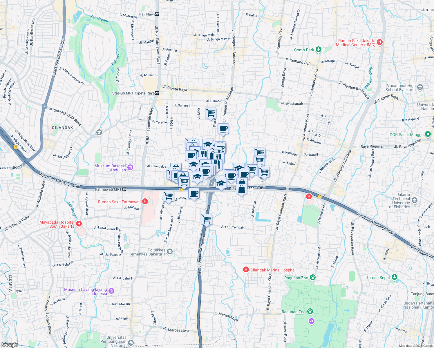 map of restaurants, bars, coffee shops, grocery stores, and more near in South Jakarta City