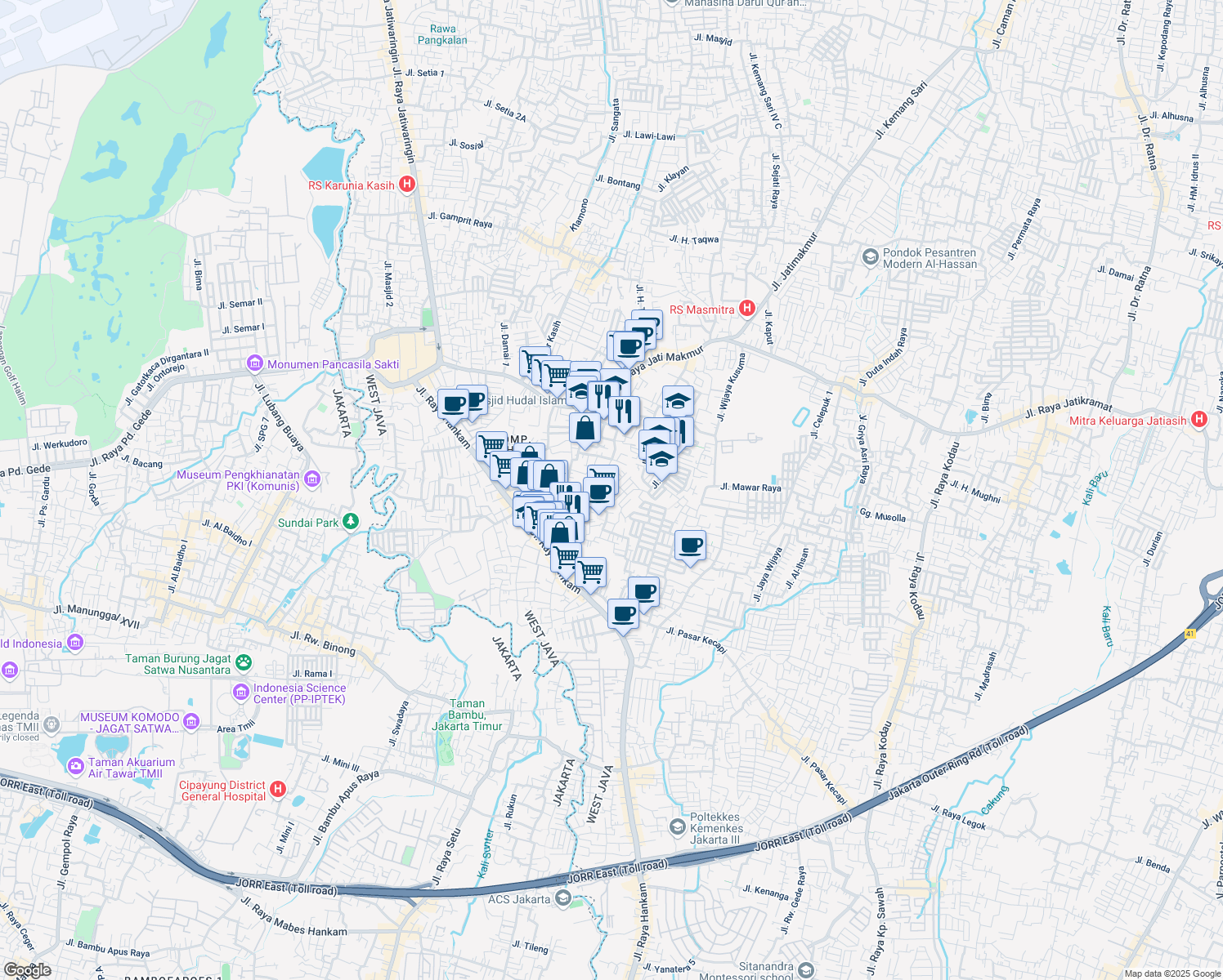 map of restaurants, bars, coffee shops, grocery stores, and more near 15 Jalan Bukit Kencana III in Kota Bekasi