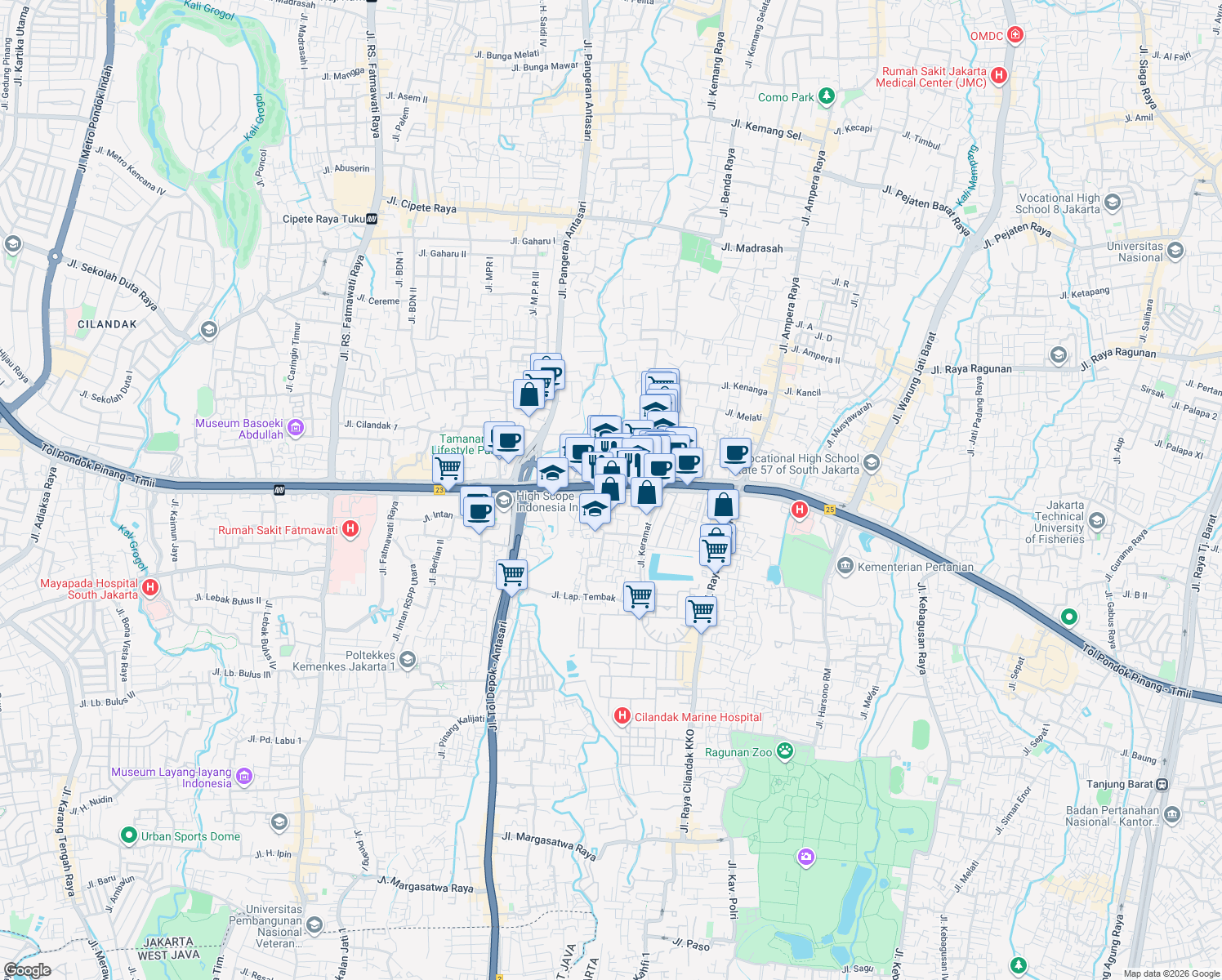 map of restaurants, bars, coffee shops, grocery stores, and more near Jalan Tahi Bonar Simatupang in Kota Jakarta Selatan