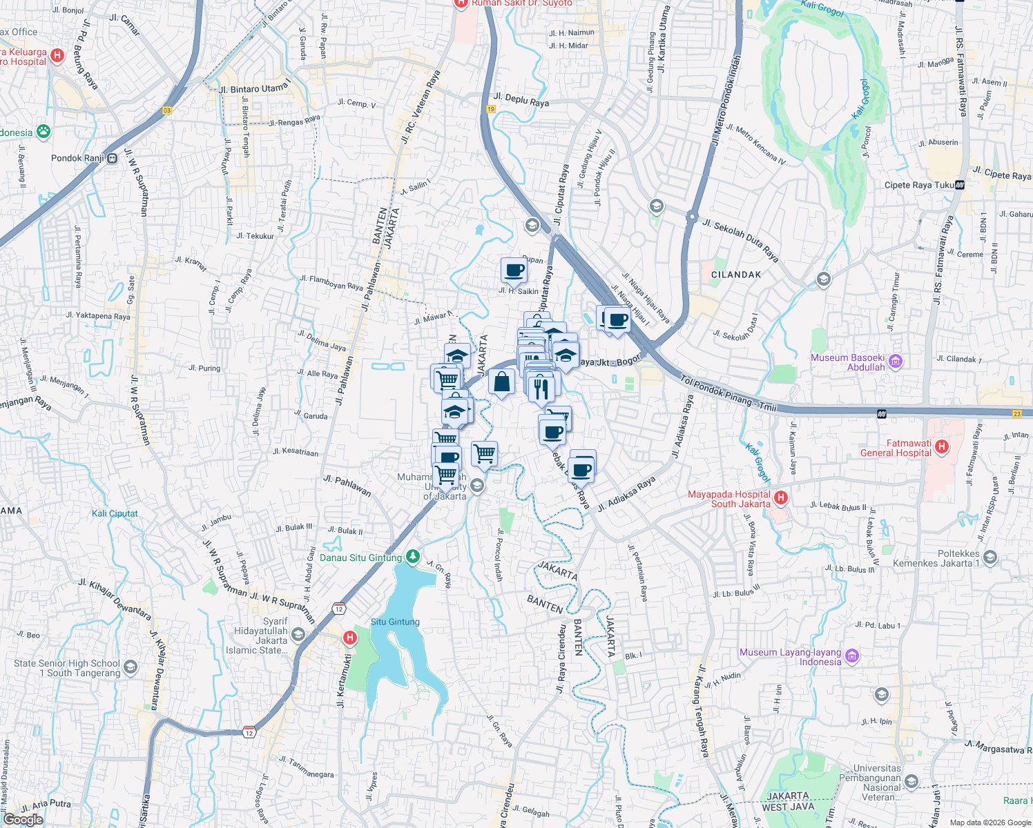 map of restaurants, bars, coffee shops, grocery stores, and more near 5 Jalan Diesel in Kota Jakarta Selatan