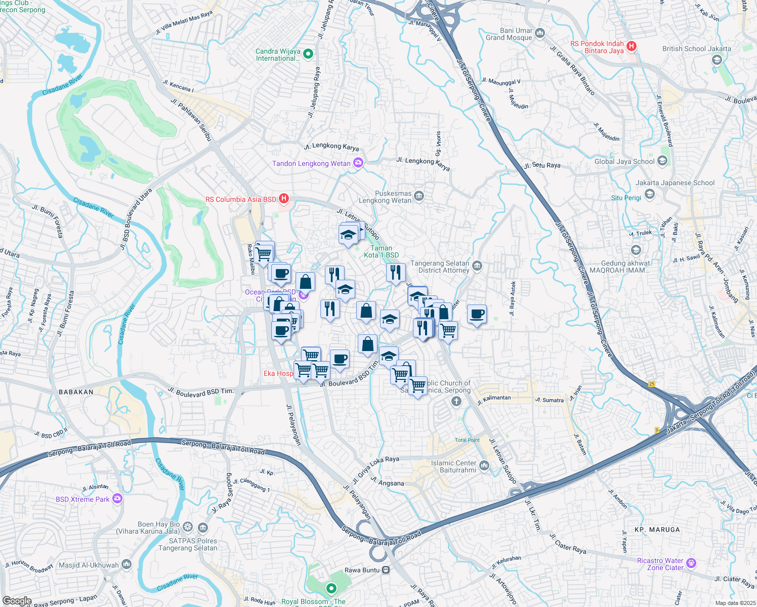 map of restaurants, bars, coffee shops, grocery stores, and more near 18 Jalan Edelweis in Kota Tangerang Selatan