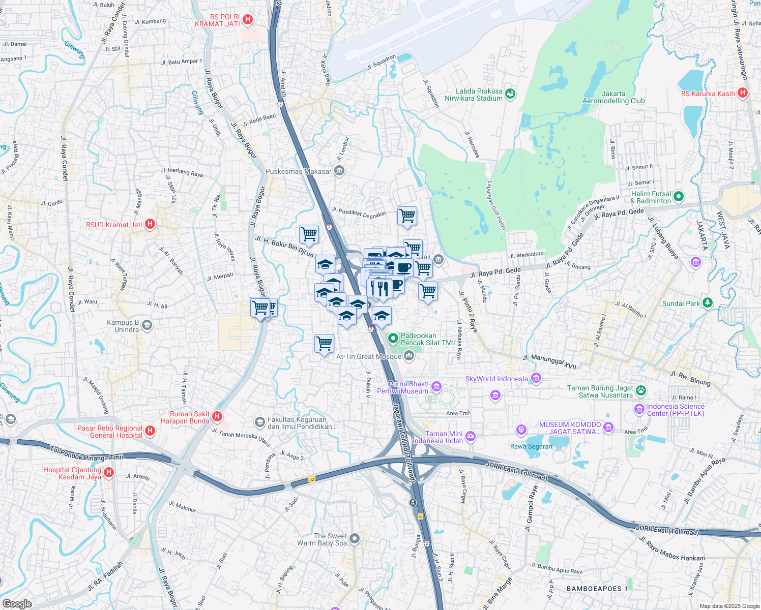 map of restaurants, bars, coffee shops, grocery stores, and more near Jalan Taman Mini I in Kota Jakarta Timur