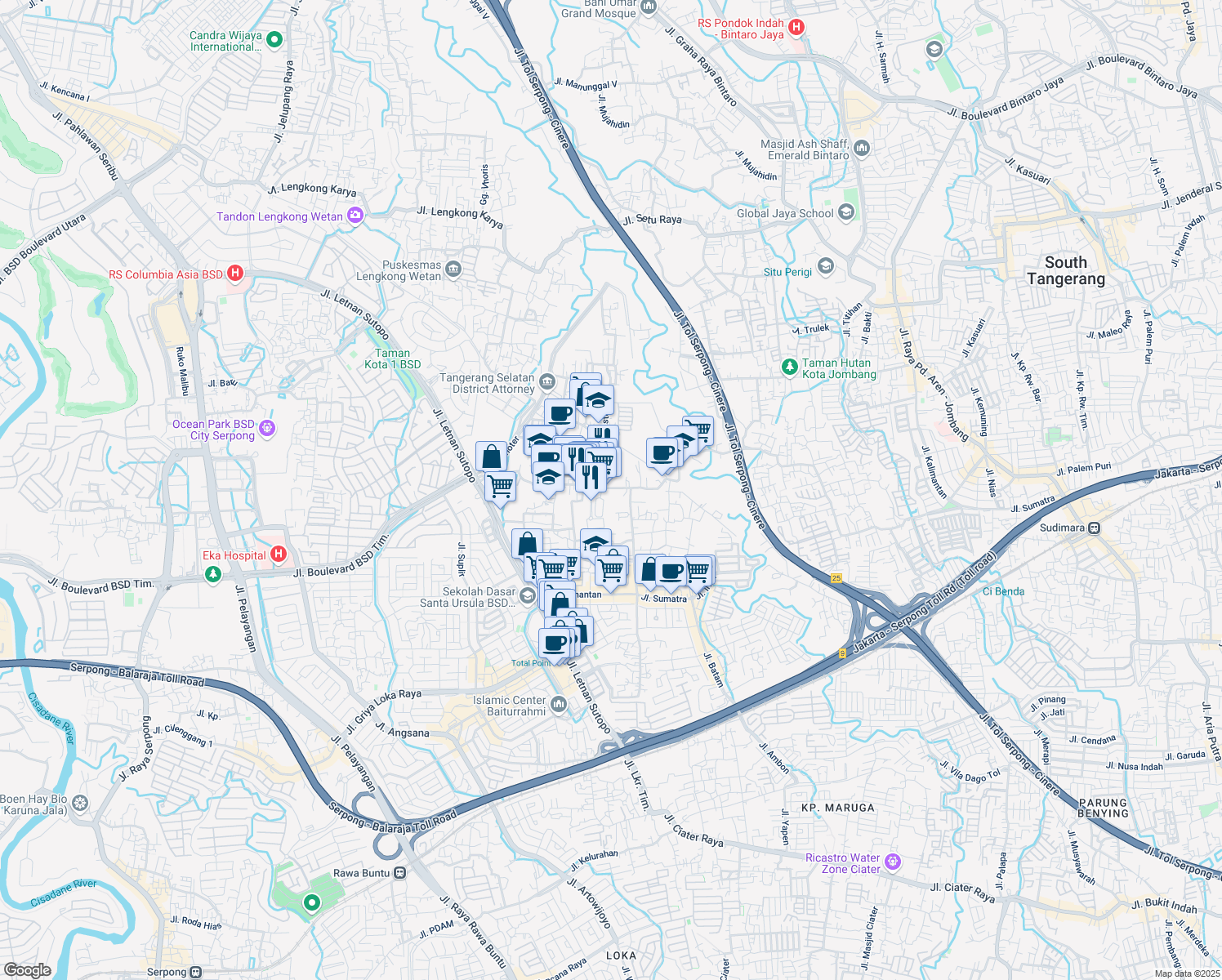 map of restaurants, bars, coffee shops, grocery stores, and more near 4 Jalan Lengkong Gudang Timur Raya in Kota Tangerang Selatan