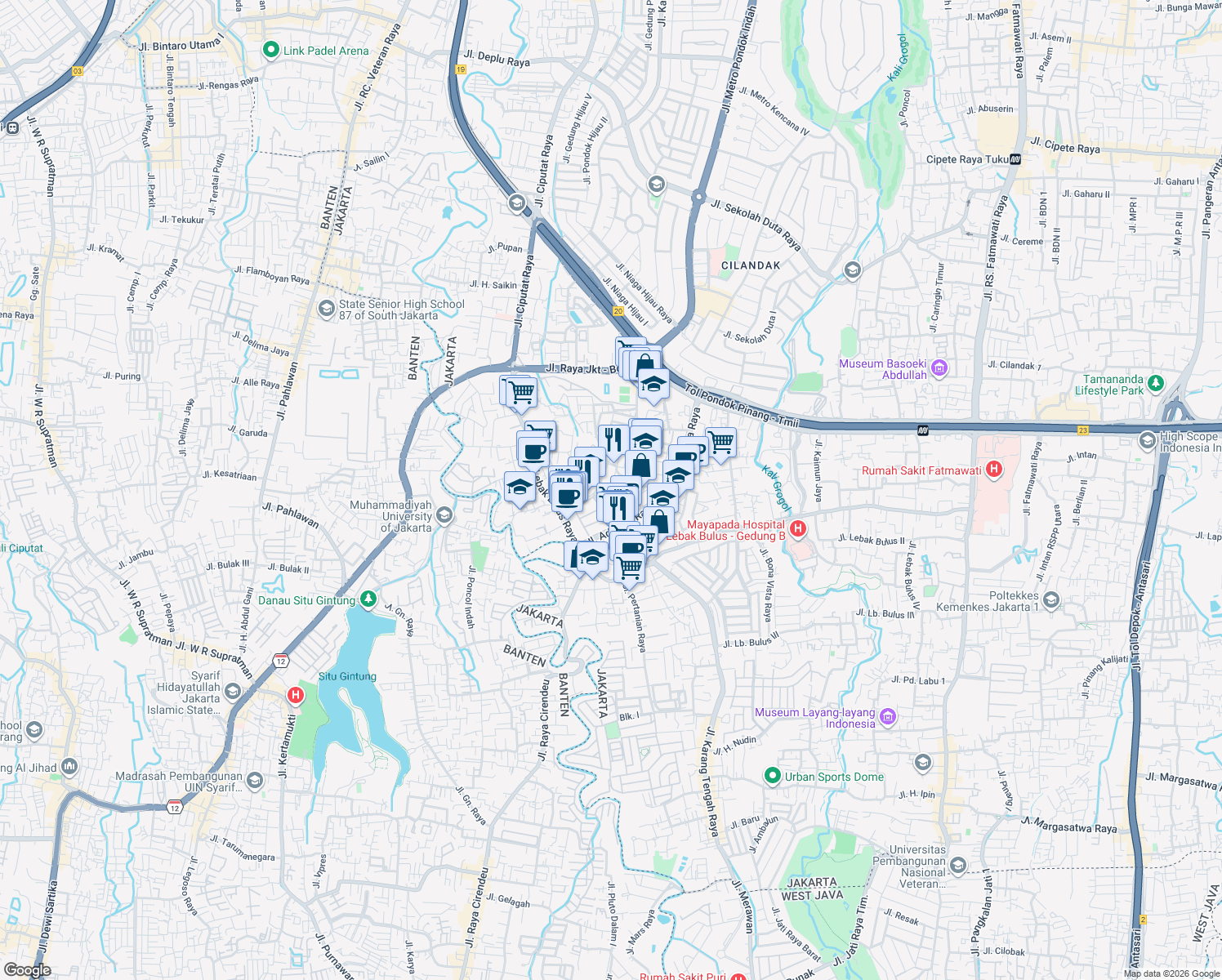 map of restaurants, bars, coffee shops, grocery stores, and more near O34 Jalan Mawar Lestari Indah in Kota Jakarta Selatan
