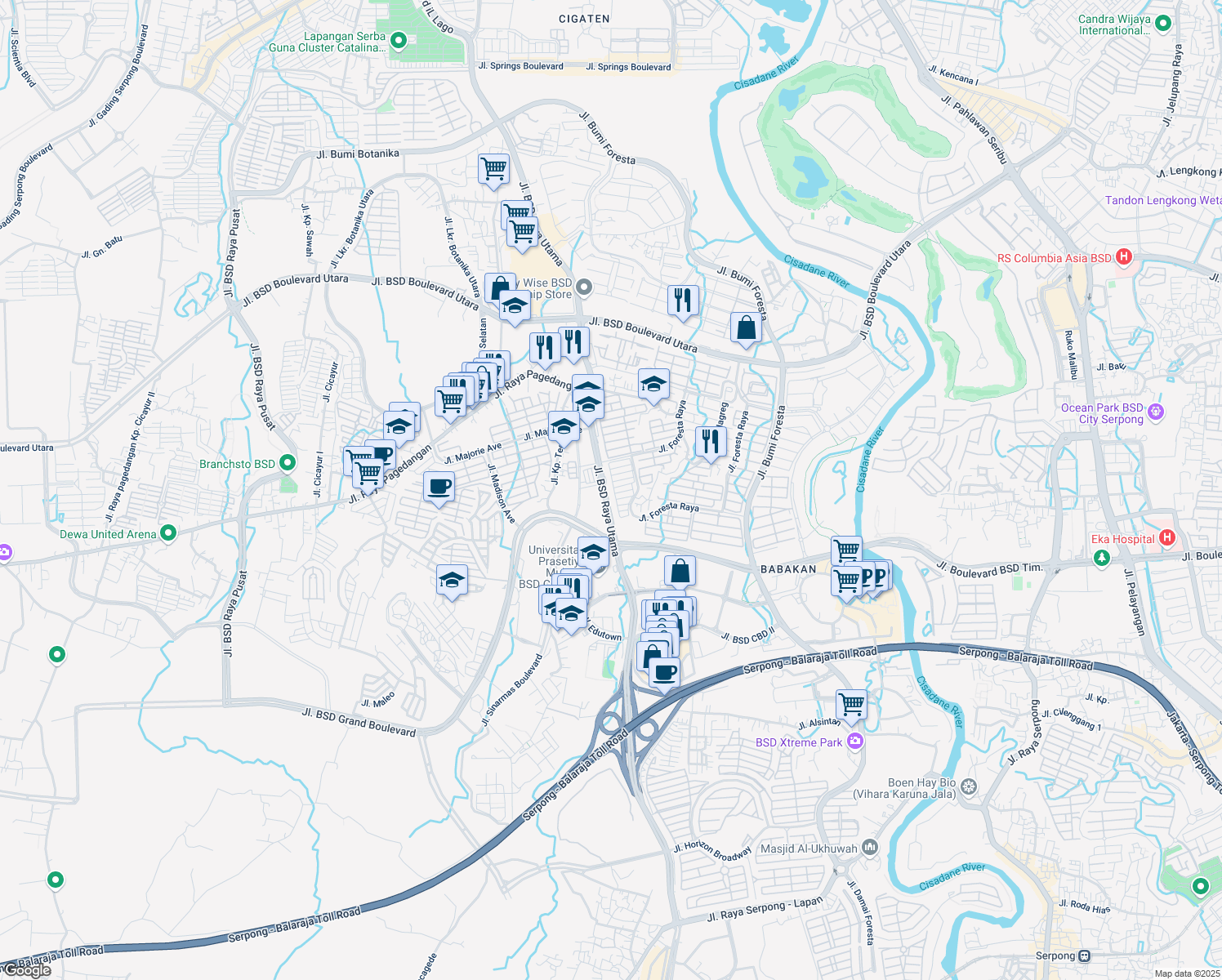 map of restaurants, bars, coffee shops, grocery stores, and more near 22 Jalan BSD Raya Utama in Tangerang