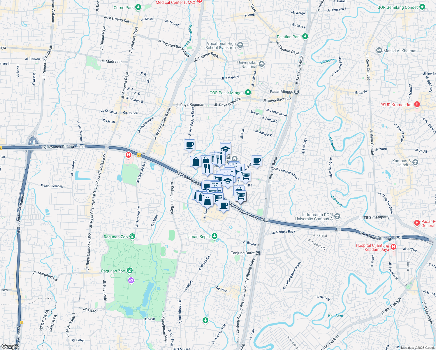 map of restaurants, bars, coffee shops, grocery stores, and more near 36A Jalan Villa Jatipadang in Kota Jakarta Selatan