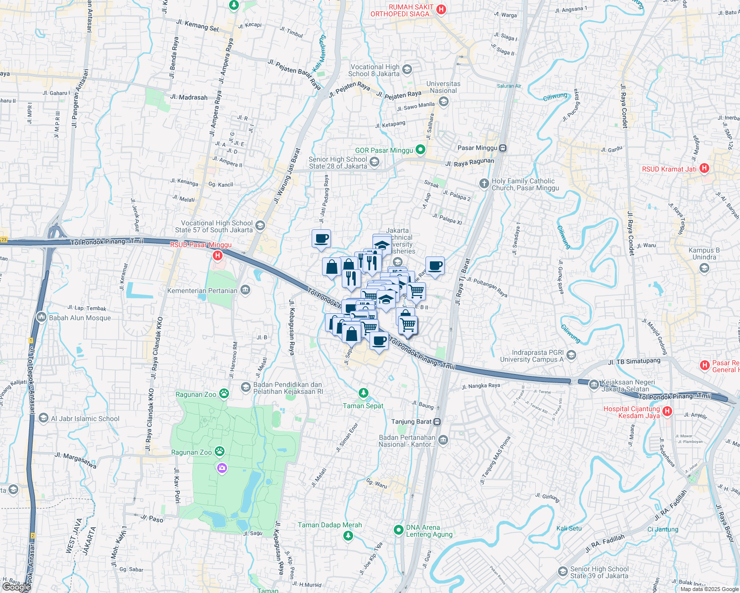 map of restaurants, bars, coffee shops, grocery stores, and more near 36A Jalan Villa Jatipadang in Kota Jakarta Selatan
