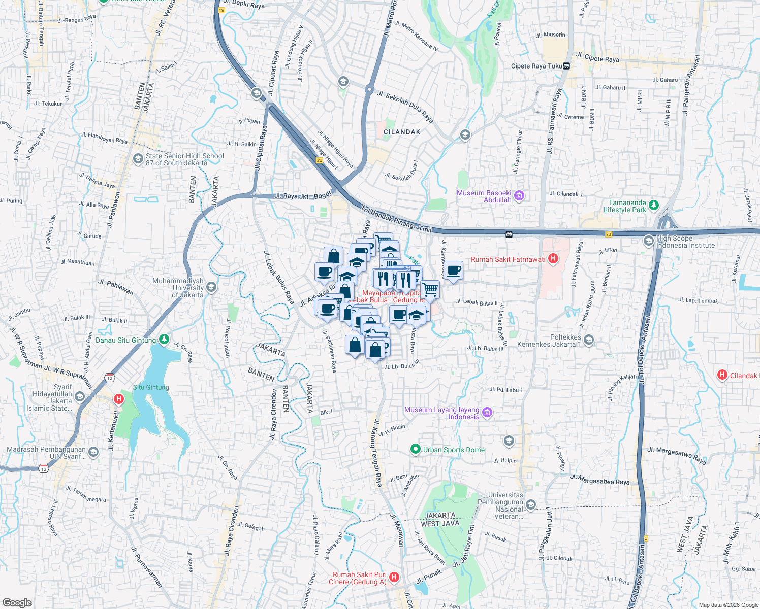 map of restaurants, bars, coffee shops, grocery stores, and more near in South Jakarta City