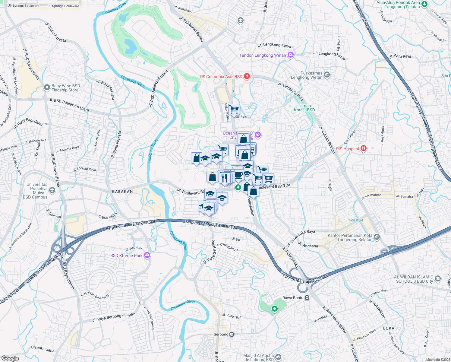 map of restaurants, bars, coffee shops, grocery stores, and more near Jalan Sunburst CBD in Kota Tangerang Selatan