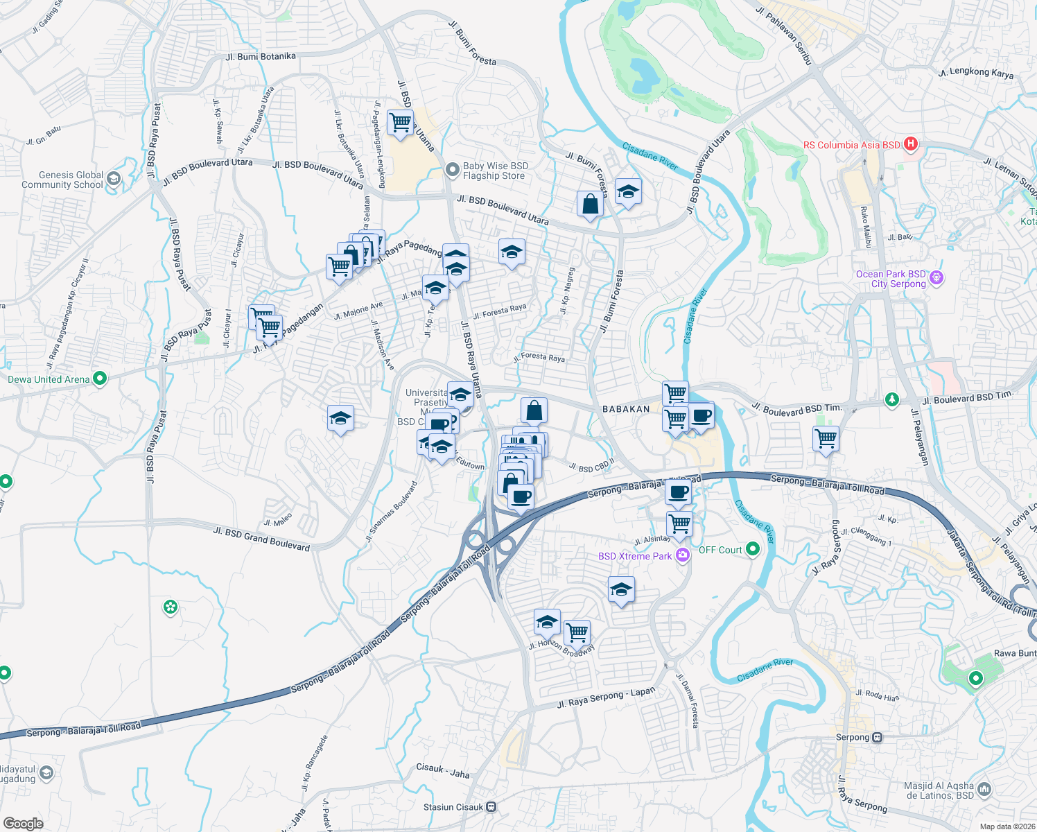 map of restaurants, bars, coffee shops, grocery stores, and more near 22 Jalan BSD Raya Utama in Tangerang