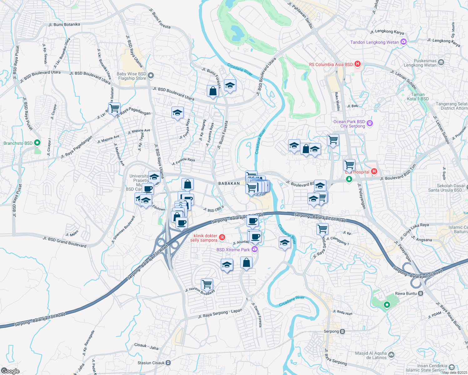 map of restaurants, bars, coffee shops, grocery stores, and more near Jalan BSD Grand Boulevard in Tangerang