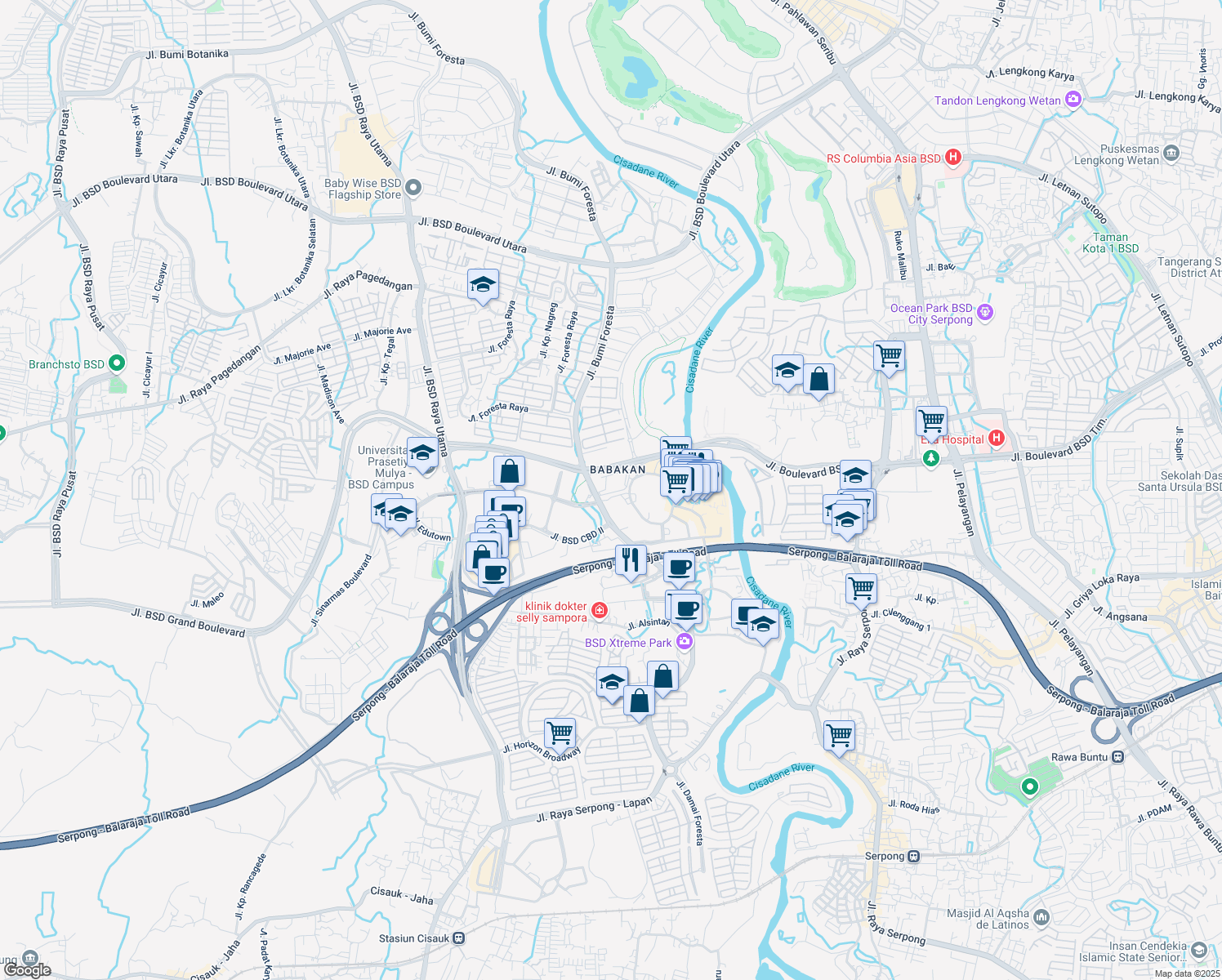 map of restaurants, bars, coffee shops, grocery stores, and more near Jalan Boulevard BSD City in Tangerang