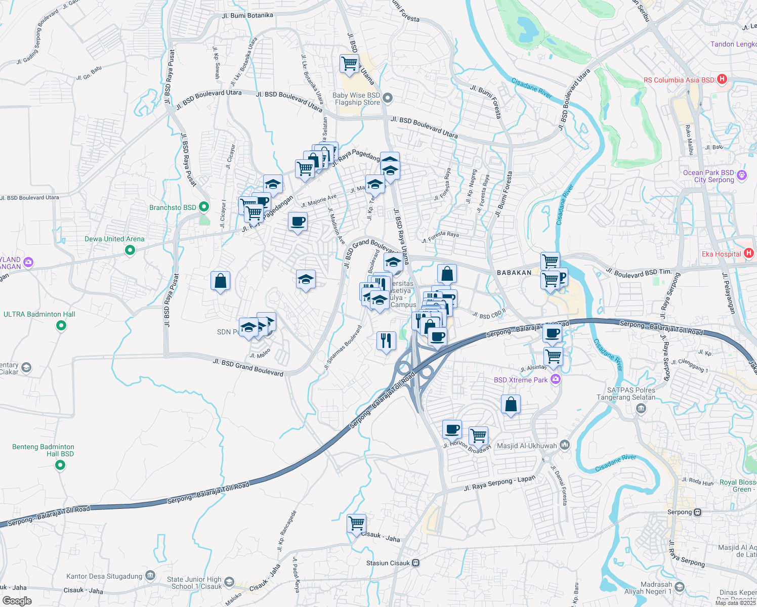 map of restaurants, bars, coffee shops, grocery stores, and more near 101 Jalan Edutown in Tangerang