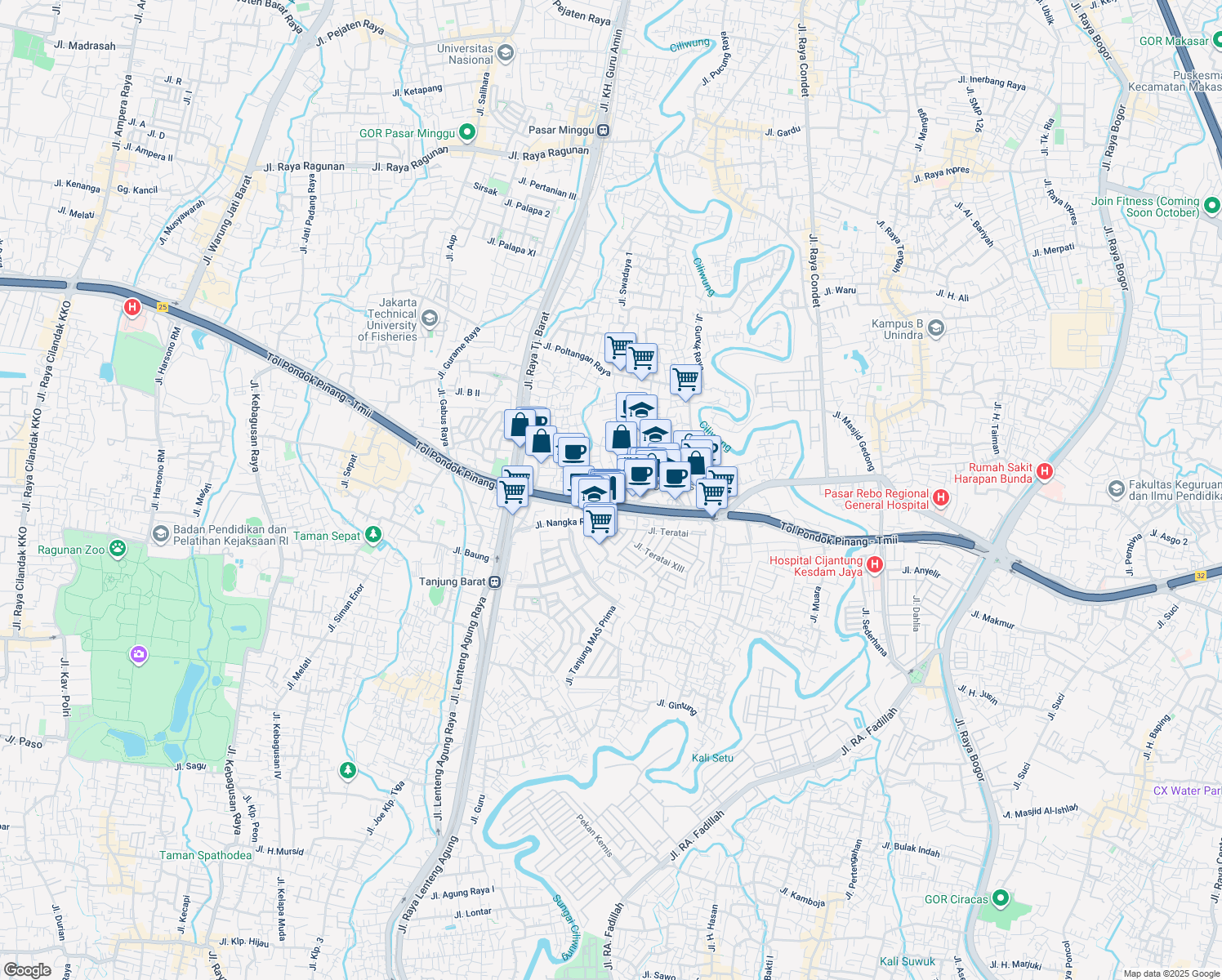 map of restaurants, bars, coffee shops, grocery stores, and more near 23 Jalan Haji Saidi in Kota Jakarta Selatan