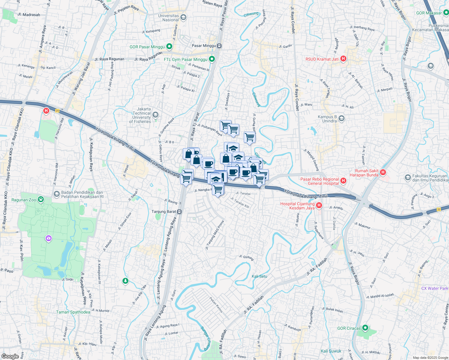 map of restaurants, bars, coffee shops, grocery stores, and more near 23 Jalan Haji Saidi in Kota Jakarta Selatan