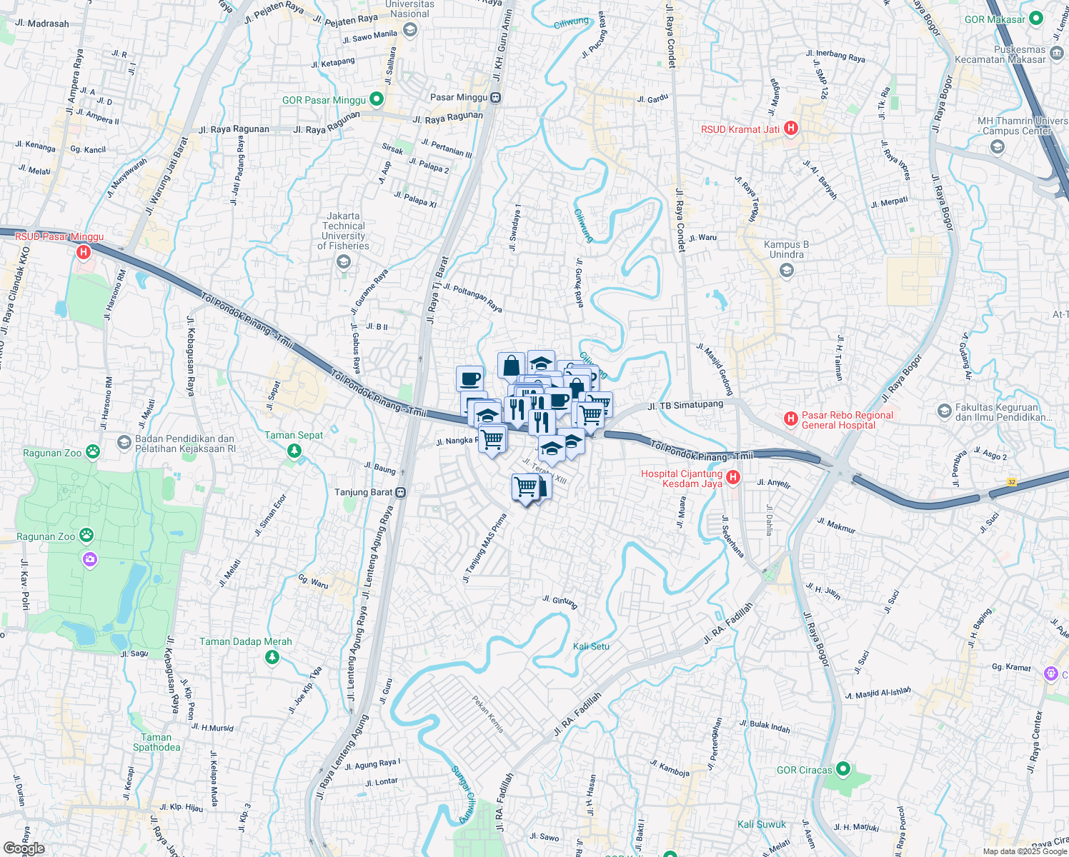 map of restaurants, bars, coffee shops, grocery stores, and more near Jalan Tol Lingkar Luar Jakarta in Kota Jakarta Selatan