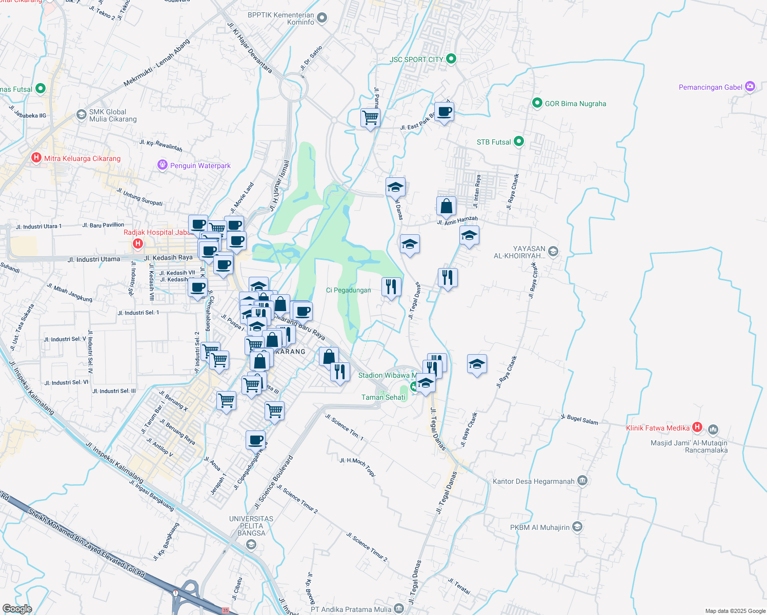 map of restaurants, bars, coffee shops, grocery stores, and more near in Bekasi Regency