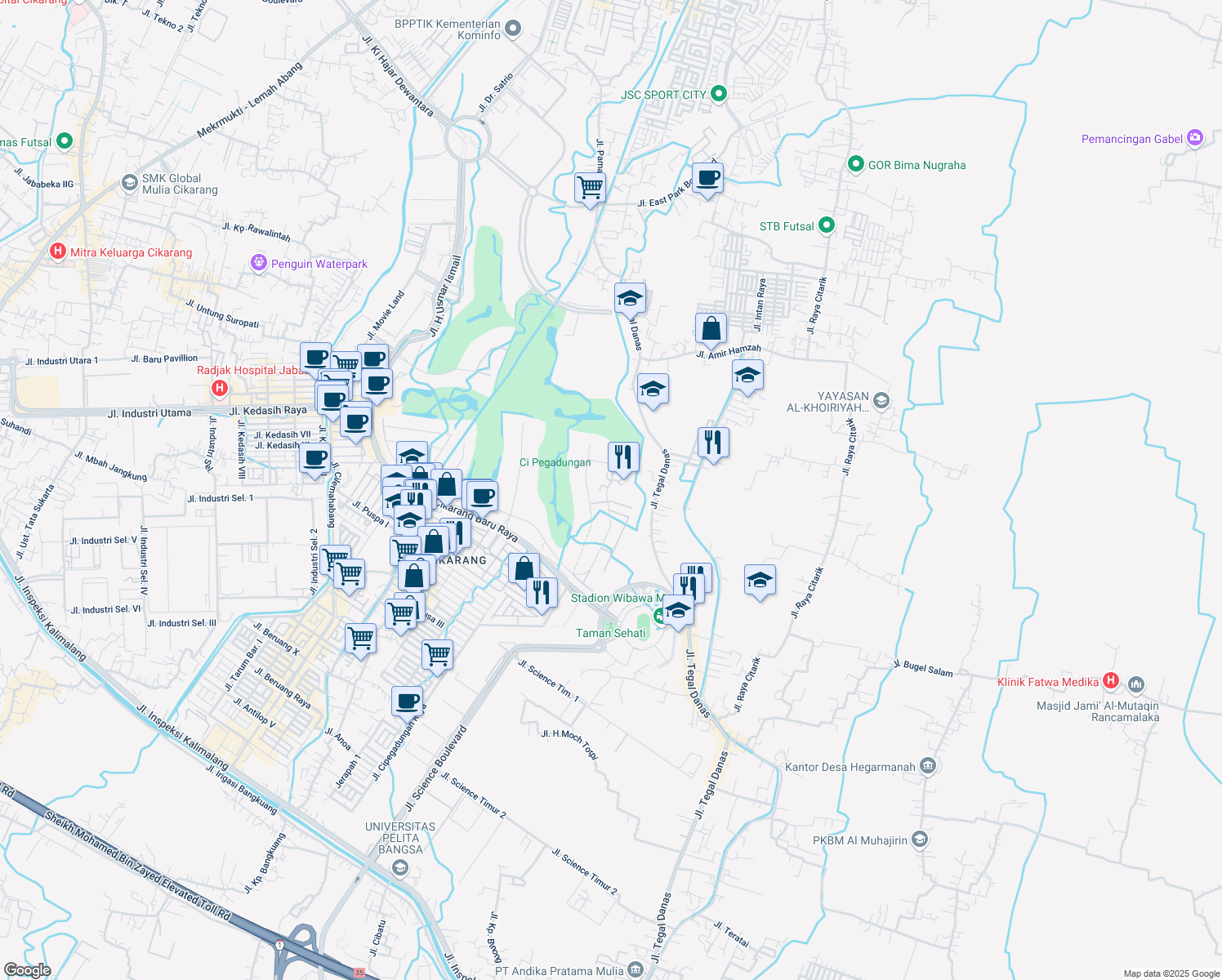 map of restaurants, bars, coffee shops, grocery stores, and more near 75 Jalan Tegal Danas in Bekasi