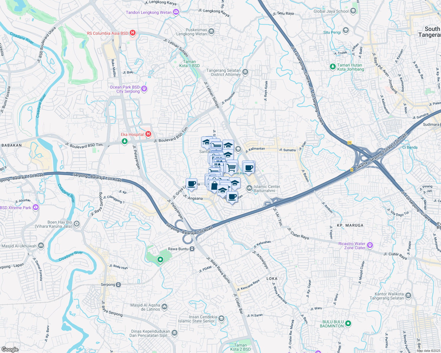 map of restaurants, bars, coffee shops, grocery stores, and more near 1 Jalan Rawa Buntu Utara in Kota Tangerang Selatan