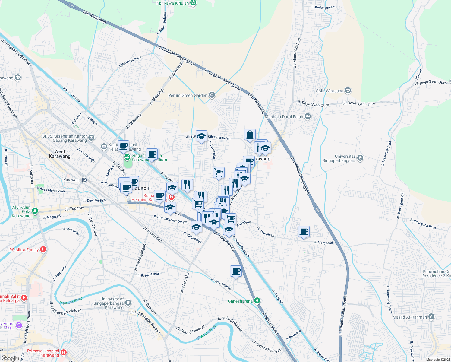 map of restaurants, bars, coffee shops, grocery stores, and more near in West Karawang