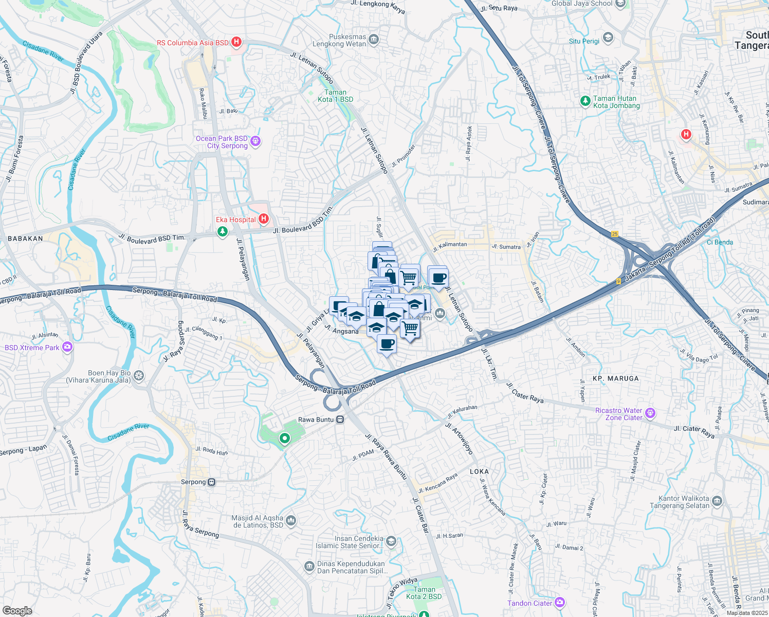 map of restaurants, bars, coffee shops, grocery stores, and more near in South Tangerang City