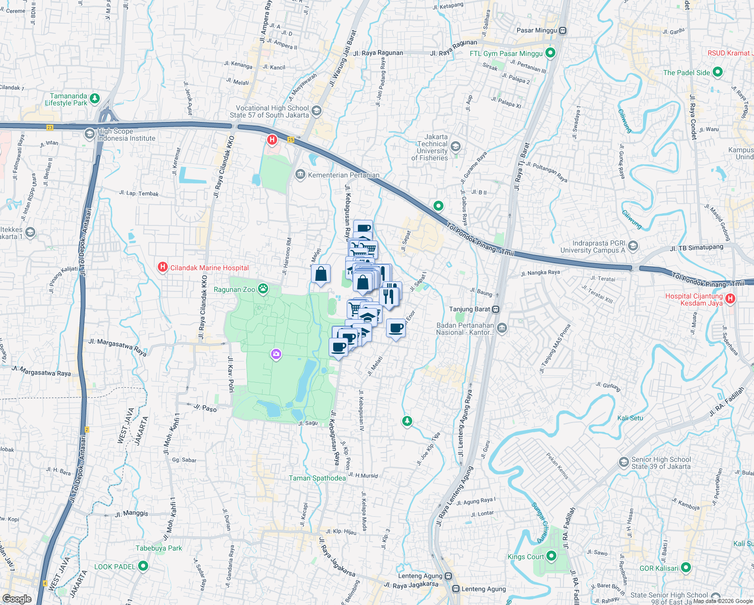 map of restaurants, bars, coffee shops, grocery stores, and more near 29 Jalan Melati in Kota Jakarta Selatan