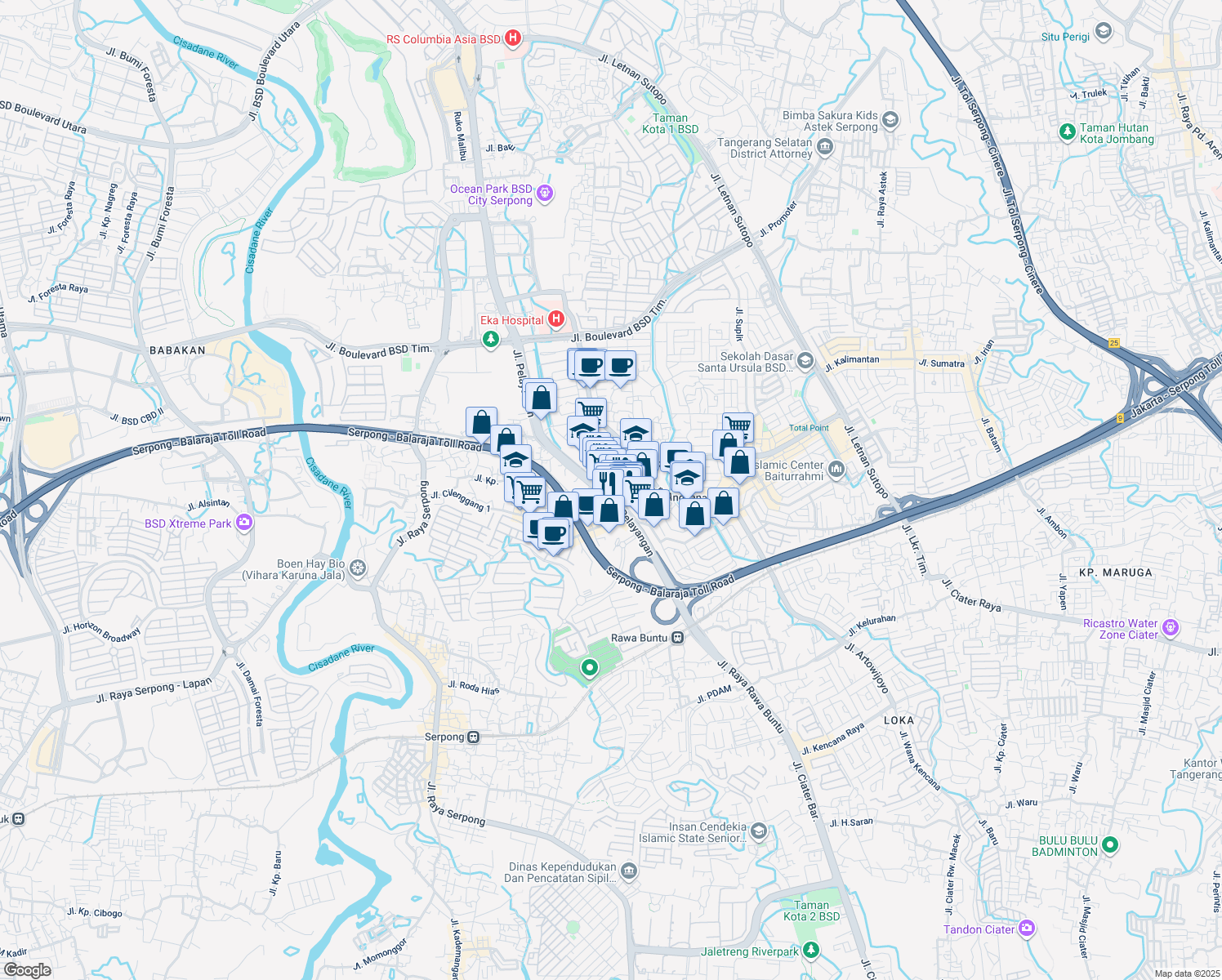 map of restaurants, bars, coffee shops, grocery stores, and more near 18 Jalan Pelayangan in Kota Tangerang Selatan