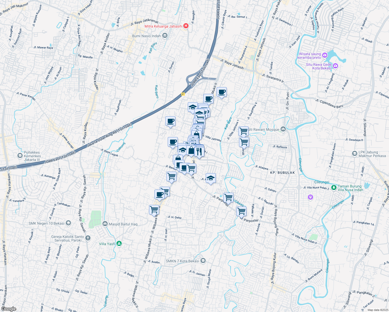 map of restaurants, bars, coffee shops, grocery stores, and more near Jalan Bunga Sakura Raya in Kota Bekasi