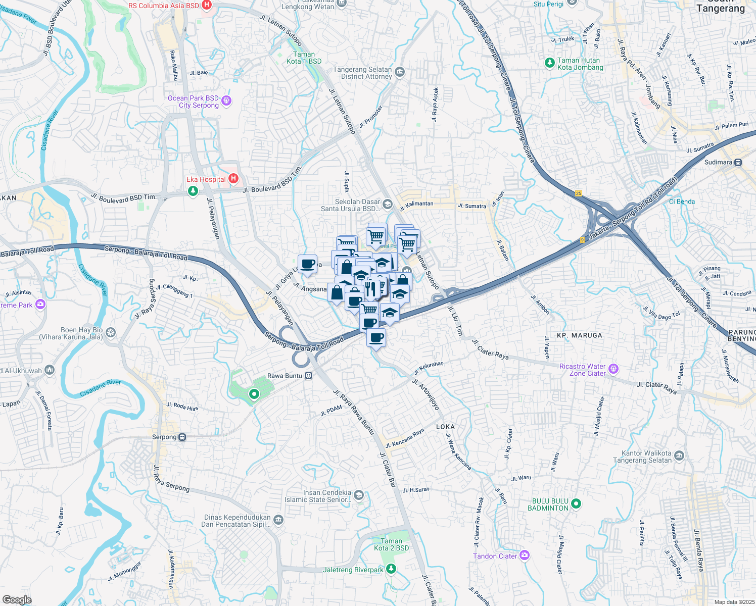 map of restaurants, bars, coffee shops, grocery stores, and more near 18 Jalan Hanjuang Raya in Kota Tangerang Selatan