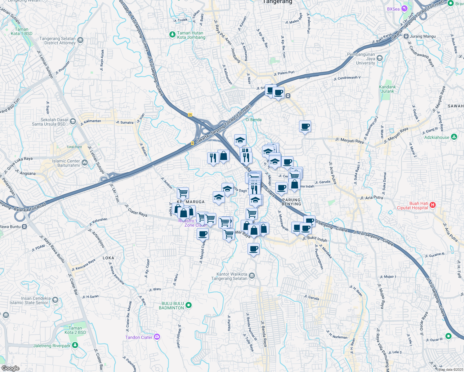 map of restaurants, bars, coffee shops, grocery stores, and more near Vila Dago Tol in Kota Tangerang Selatan