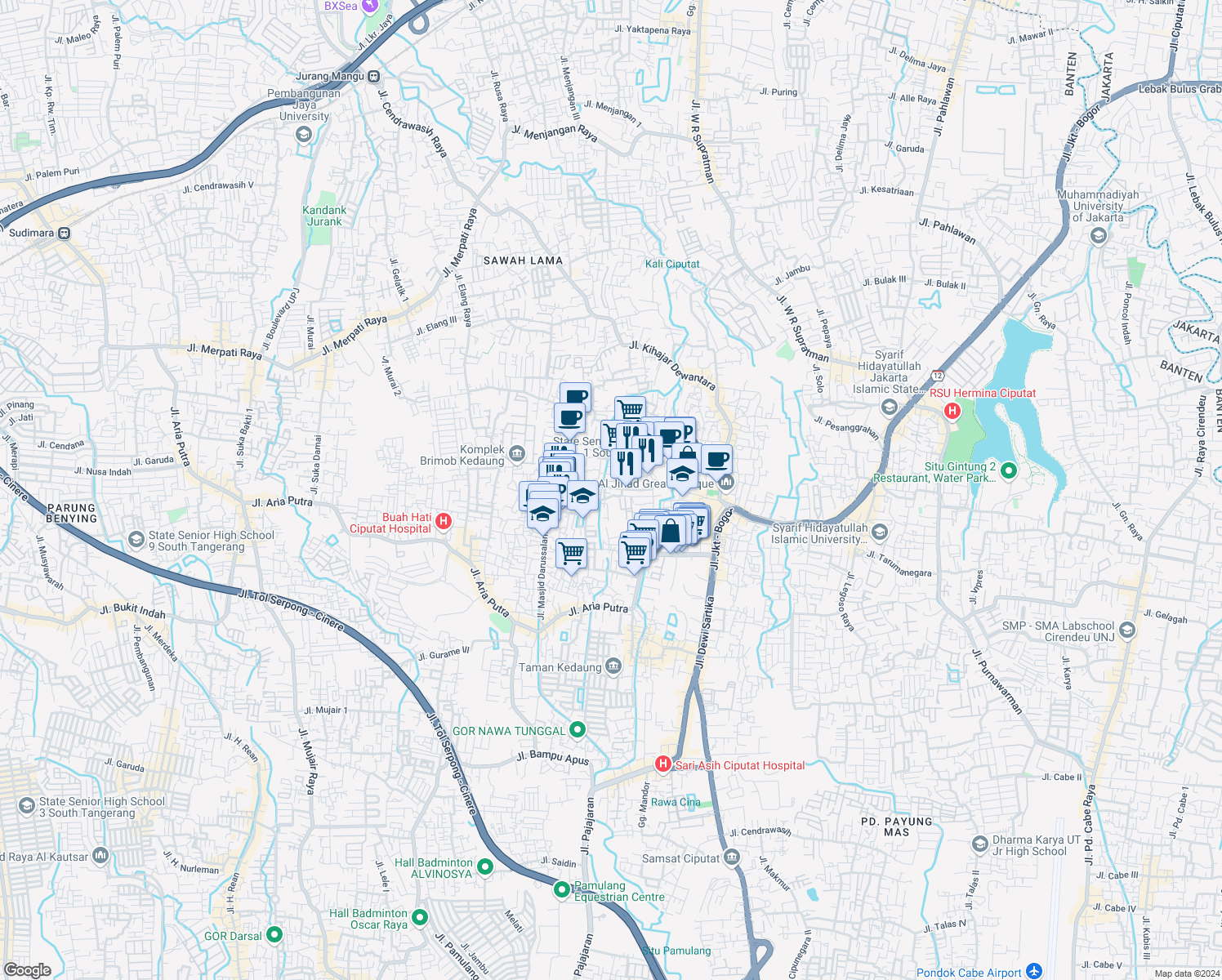 map of restaurants, bars, coffee shops, grocery stores, and more near 29 Jalan Tabanas Raya in Kota Tangerang Selatan