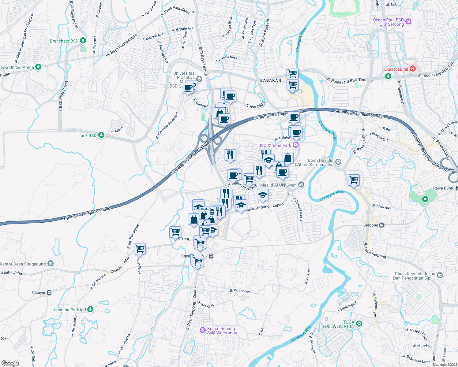 map of restaurants, bars, coffee shops, grocery stores, and more near Jalan Simplicity XIV in Tangerang