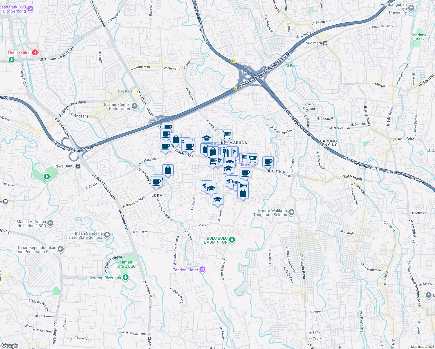 map of restaurants, bars, coffee shops, grocery stores, and more near Jalan Ciater Permai Raya in Kota Tangerang Selatan