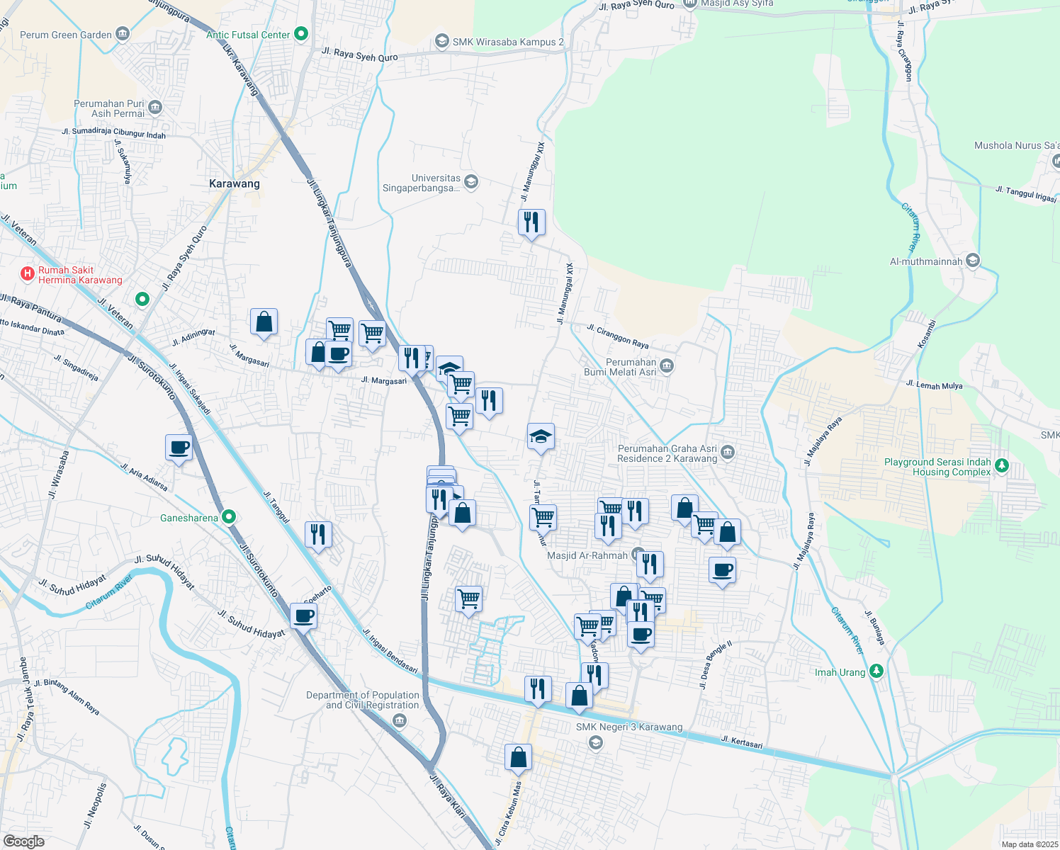 map of restaurants, bars, coffee shops, grocery stores, and more near in Karawang Regency