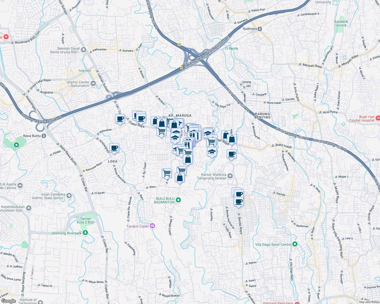 map of restaurants, bars, coffee shops, grocery stores, and more near 81 Jalan Masjid Ciater in Kota Tangerang Selatan
