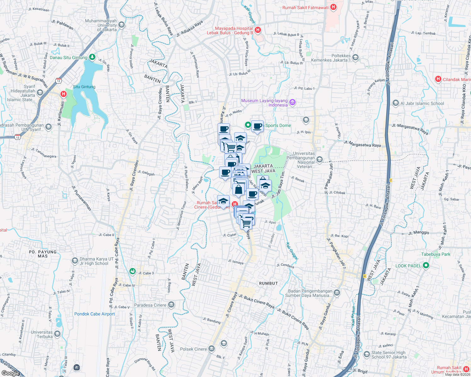 map of restaurants, bars, coffee shops, grocery stores, and more near 6 Jalan Cinere in Kota Depok