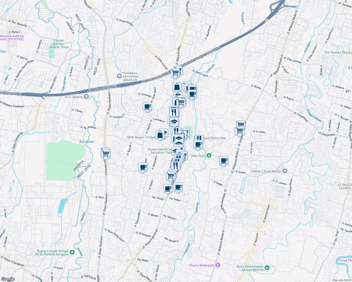 map of restaurants, bars, coffee shops, grocery stores, and more near Jalan Kampung Sawah Raya in Kota Bekasi
