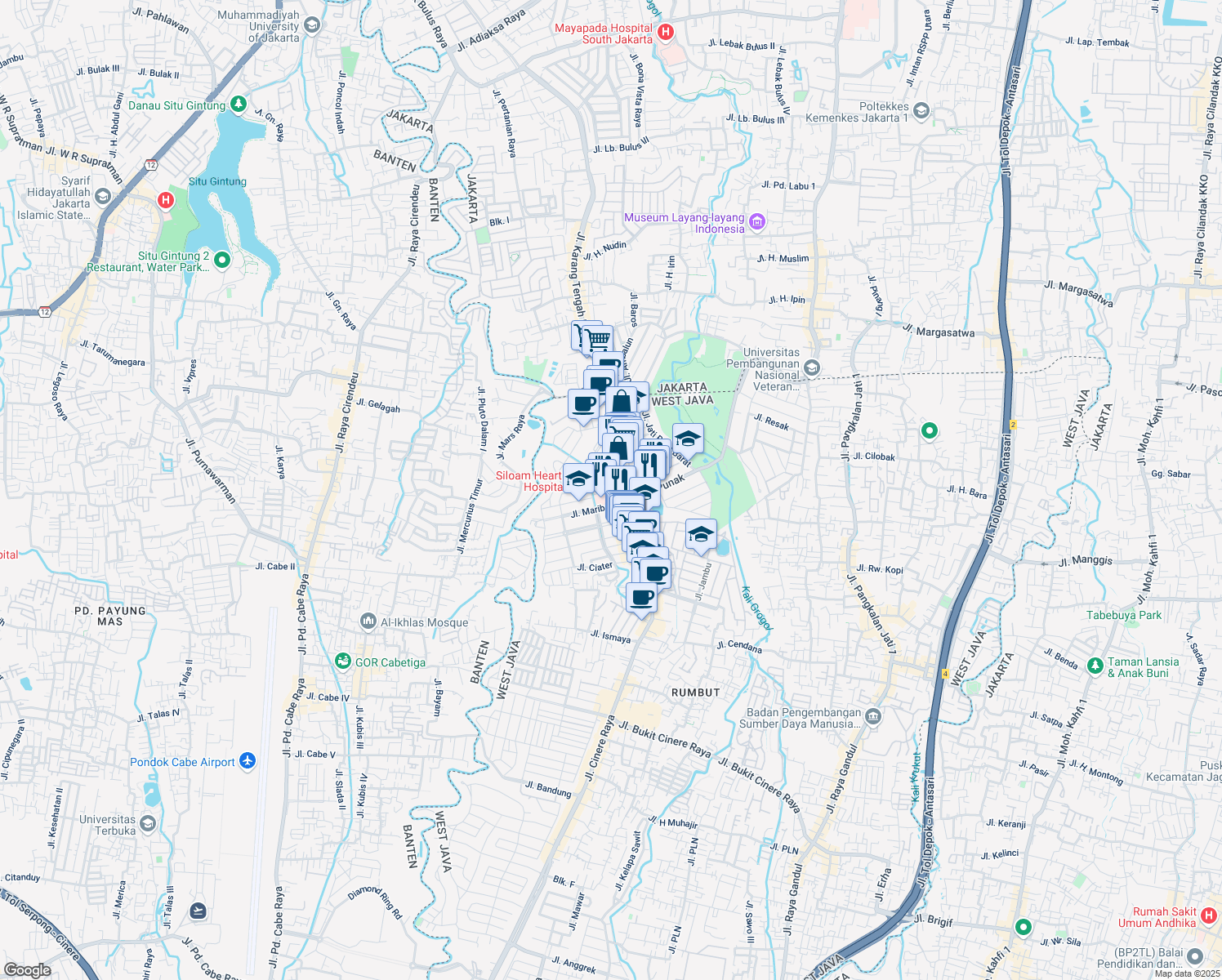 map of restaurants, bars, coffee shops, grocery stores, and more near Jatiluhur in Kota Depok